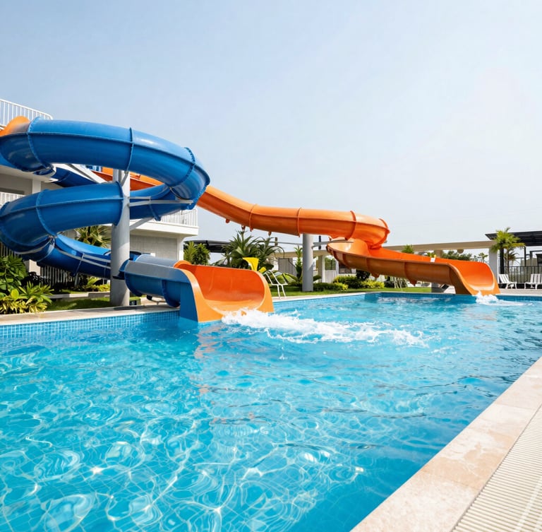 Wide-angle architectural shot of a premium resort swimming pool with a large blue and orange commercial water slide, bright natural daylight, clear water splashes