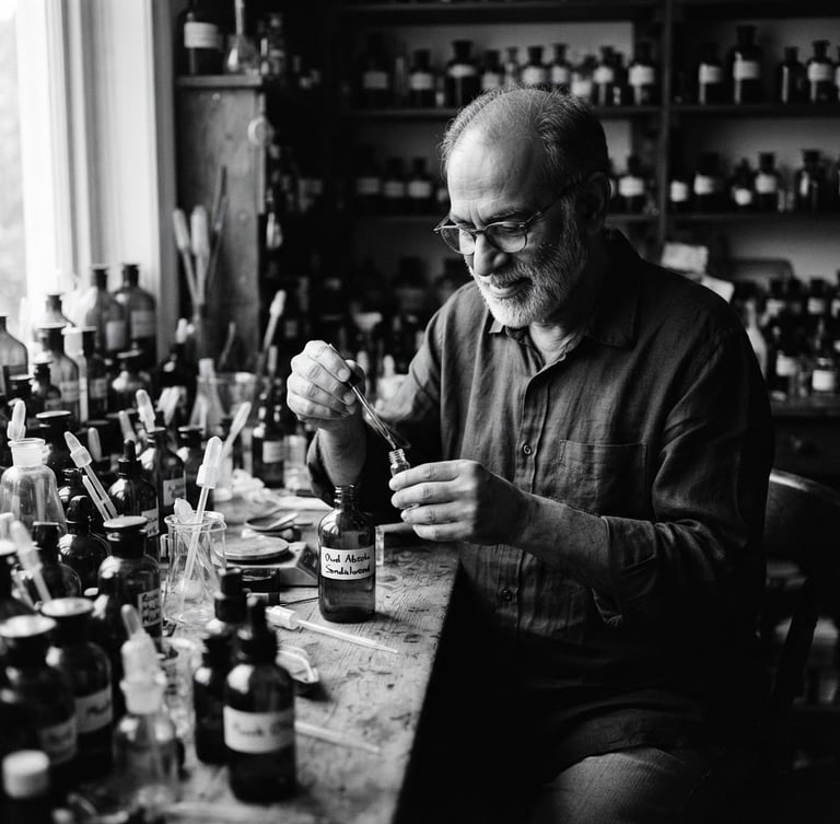 An intimate black-and-white portrait of Master Perfumer Syed Siddiq at his wooden blending desk, surrounded by antique amber glass bottles, soft directional golden-hour lighting, 35mm photography
