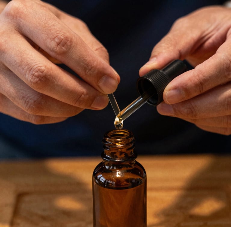 Close-up of hands of the master perfumer carefully measuring golden liquid into an amber glass bottle, warm low-key directional lighting, rich amber tones, macro depth of field