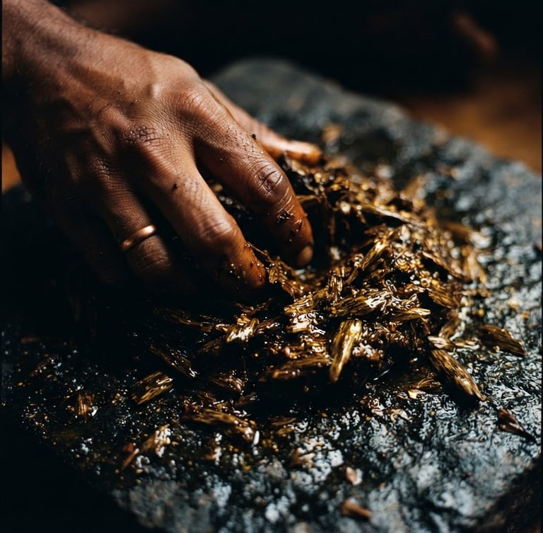 Macro shot of raw agarwood chips being hand-kneaded on a dark stone slab, glistening with golden amber oil under low-key directional lighting, warm shadows, 35mm.