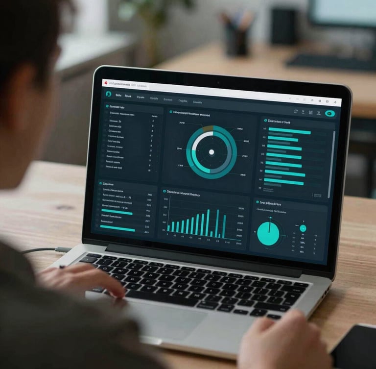 Over-the-shoulder shot of a clean modern analytics dashboard with teal data visualizations on a laptop screen, industrial workspace in soft focus background.