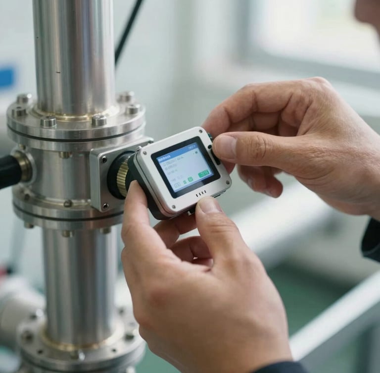 Close-up of hands calibrating a small industrial IoT sensor mounted on a clean metal pipeline, bright natural indoor lighting