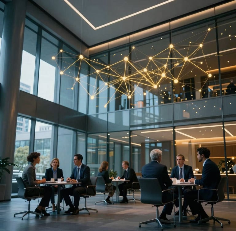 Wide shot of a sleek, modern corporate lobby with high ceilings and glass walls, a subtle digital network overlay glowing in gold, a diverse group of executives in deep discussion, low-key lighting, 35mm editorial corporate photography.