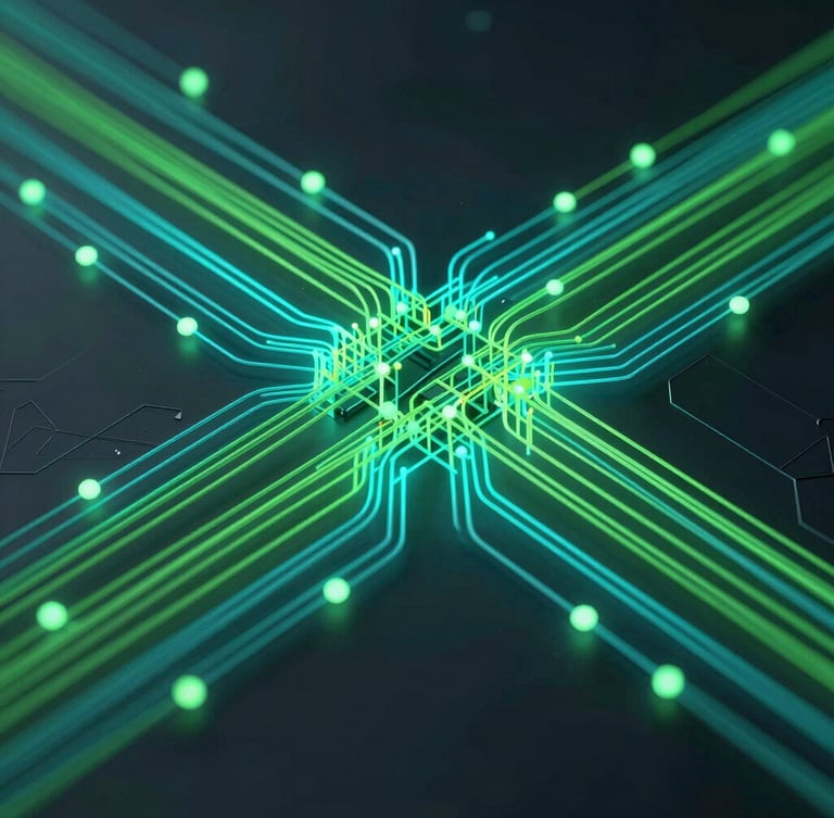 dark technical 3d render, glowing neon cyan and green fiber-optic lines, clean abstract network nodes, isometric perspective of secure server connection