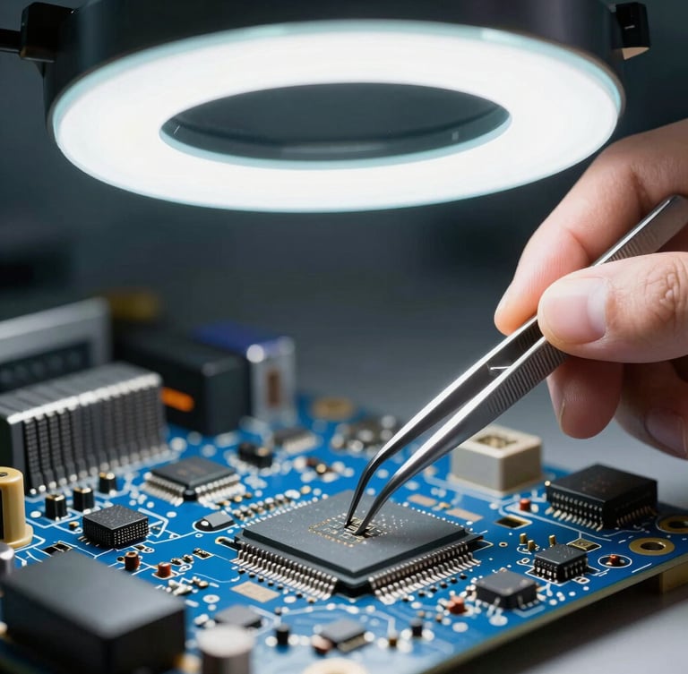 Extreme macro shot of a technician using silver tweezers under a bright white ring light to align a micro-chip on a blue motherboard.
