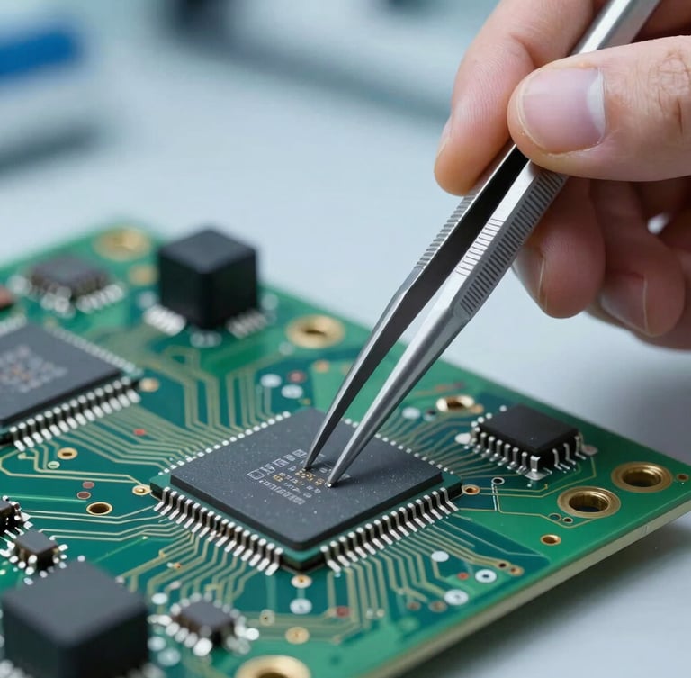 Extreme macro close-up of a technician using precision tweezers to align a micro-chip on a green circuit board under cool sterile laboratory lighting.