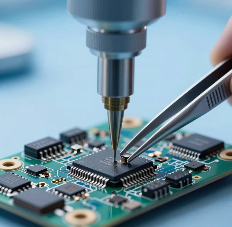 Extreme close-up macro shot of micro-soldering under sterile blue laboratory light, precision tweezers placing a tiny microchip on a smartphone logic board.