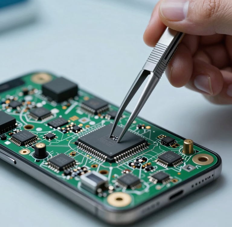 Extreme close-up macro shot of a technician using precision tweezers to place a micro-chip on a smartphone motherboard under cool sterile laboratory lighting.