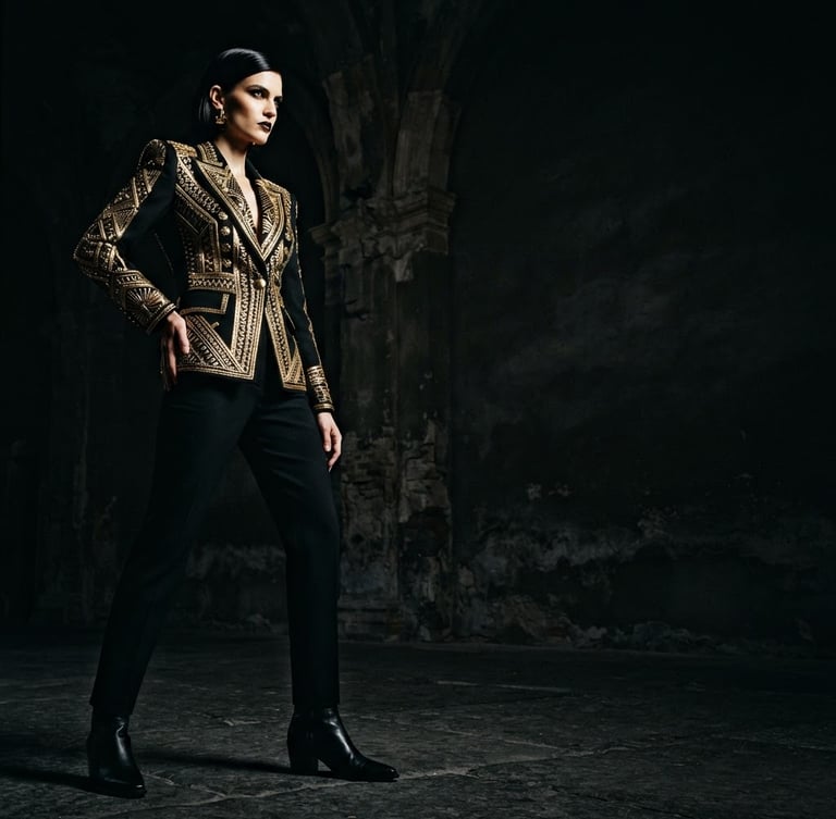 High-fashion model in a razor-sharp gilded blazer, dynamic low-angle heroic shot, dramatic chiaroscuro lighting, deep shadows, polished gold accents, high-contrast. The model is on the left side of the frame, facing right, with ample negative space on the right.
