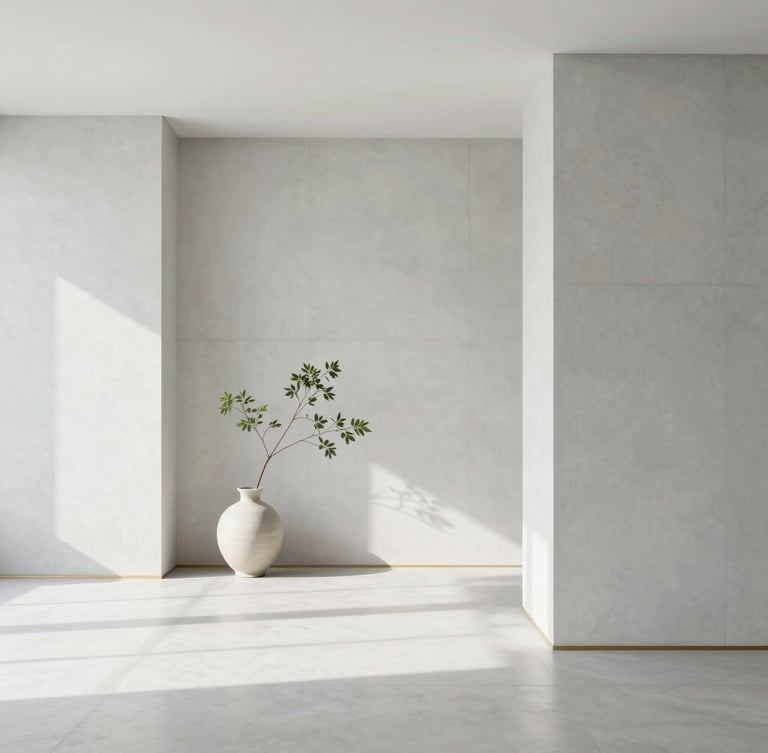 Minimalist modern office interior in Seoul with concrete walls, soft natural light, a single green branch in a ceramic vase, elegant and quiet atmosphere, wide shot