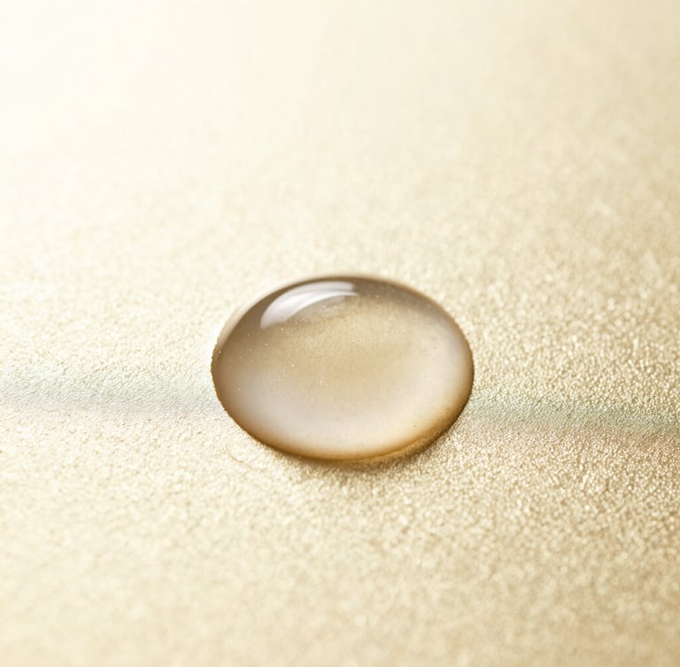 Macro shot of a luxurious translucent serum droplet resting on a textured golden surface, bright high-key lighting, sharp elegant shadows, 85mm