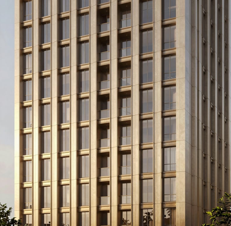 Portrait architectural render of Brigade Neopolis facade, emphasizing verticality and premium materials, sharp focus, golden hour light, high-end real estate render style.