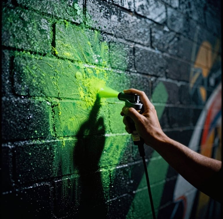 High-contrast editorial photography, a close-up of a street artist spraying neon green paint on a dark brick wall at night, sharp shadows, raw 35mm film grain.