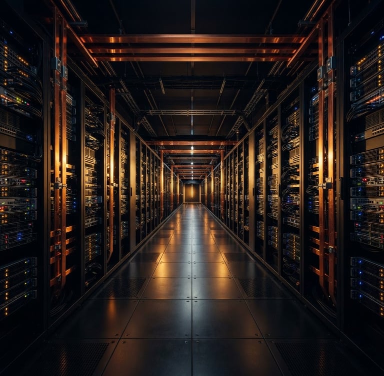 Symmetrical wide-angle shot of a pristine data centre server aisle, sharp technical highlights, golden-hour lighting reflecting off copper busbars, dramatic low-key obsidian background, 35mm