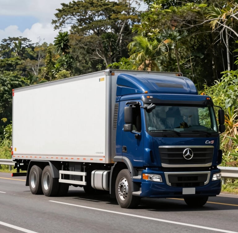 Wide shot of a clean modern logistics truck driving on a scenic highway in Costa Rica, bright daylight, sharp corporate photography, deep blue truck accents