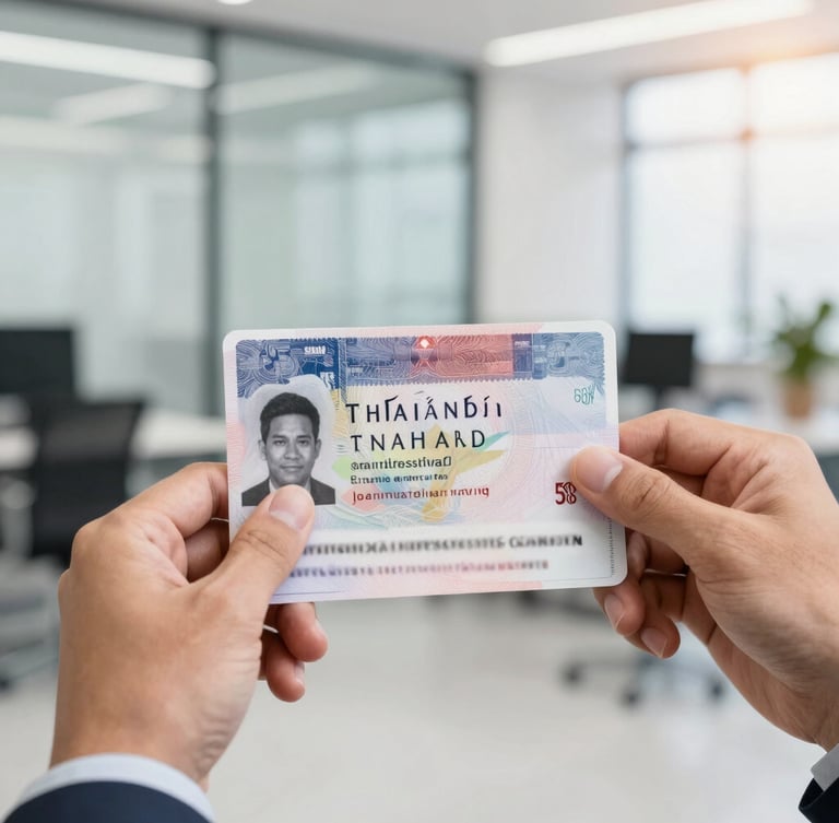Medium-close shot of a professional hand holding a Thai visa document, with a blurred modern office background, bright natural daylight, clean corporate tones, sharp focus, 35mm lens