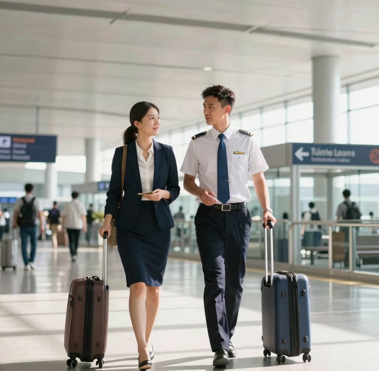 A professional airport representative in a sharp uniform guiding a business traveler through a clean, modern, sunlit Thai airport terminal, 35mm lens, bright natural daylight.