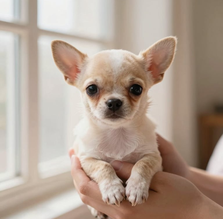 A close-up portrait of a tiny Chihuahua puppy cradled gently in warm, caring hands, soft natural window light, cream-toned background.