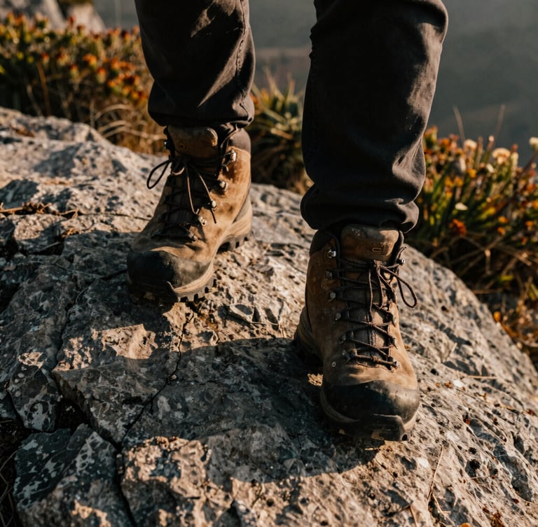 Low-angle shot of weathered hiking boots stepping firmly onto gray limestone rock, wild mountain flora in the background, dramatic shadows, warm earth tones.