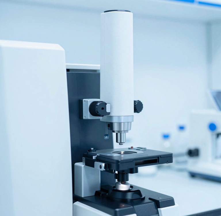 Clean sterile laboratory environment with automated precision manufacturing equipment, cool blue and white lighting, focus on a high-precision calibration instrument