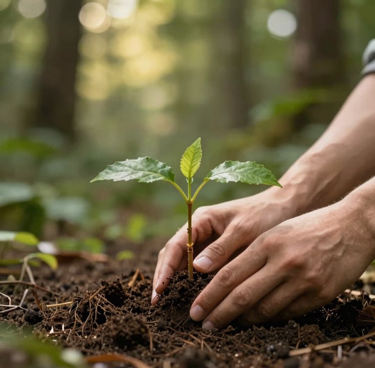 Close-up of hands gently planting a native sapling into rich dark soil, soft diffused natural light, forest background, shallow depth of field
