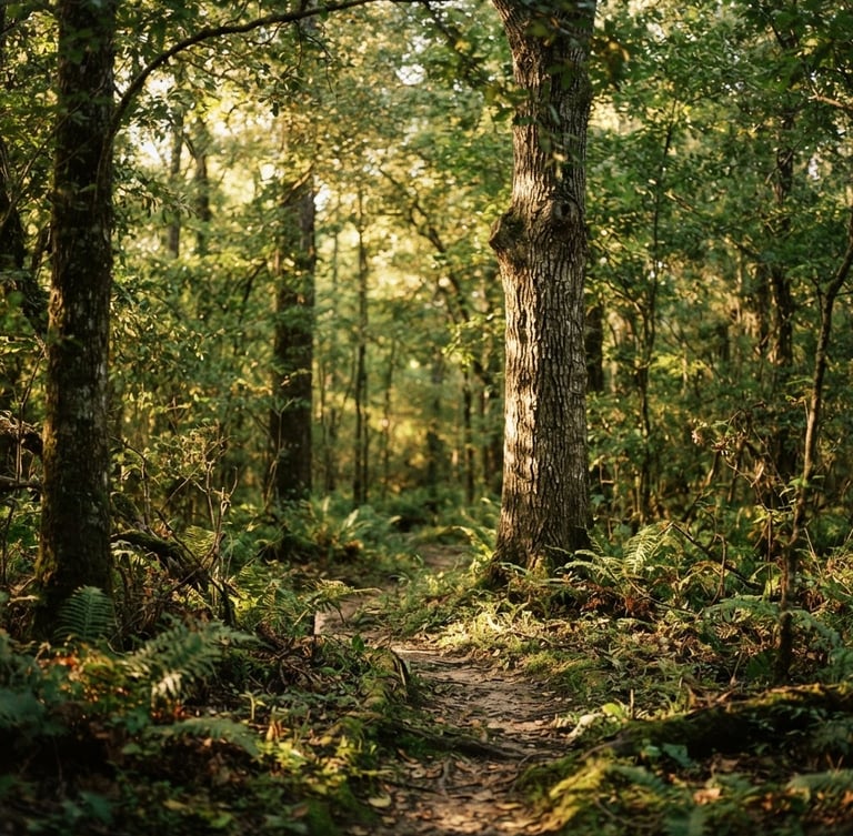 Wide panoramic shot of natural sunlight filtering through a deep green Texas forest canopy, soft warm editorial photography, shallow depth of field.