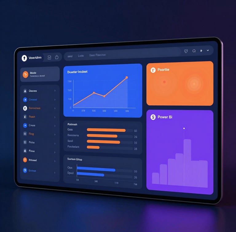 Vue macro d'un tableau de bord Power BI moderne sur un écran élégant, avec des graphiques de données en bleu, violet et orange, dans un environnement de bureau d'entreprise épuré, éclairage de studio frais avec des reflets subtils.