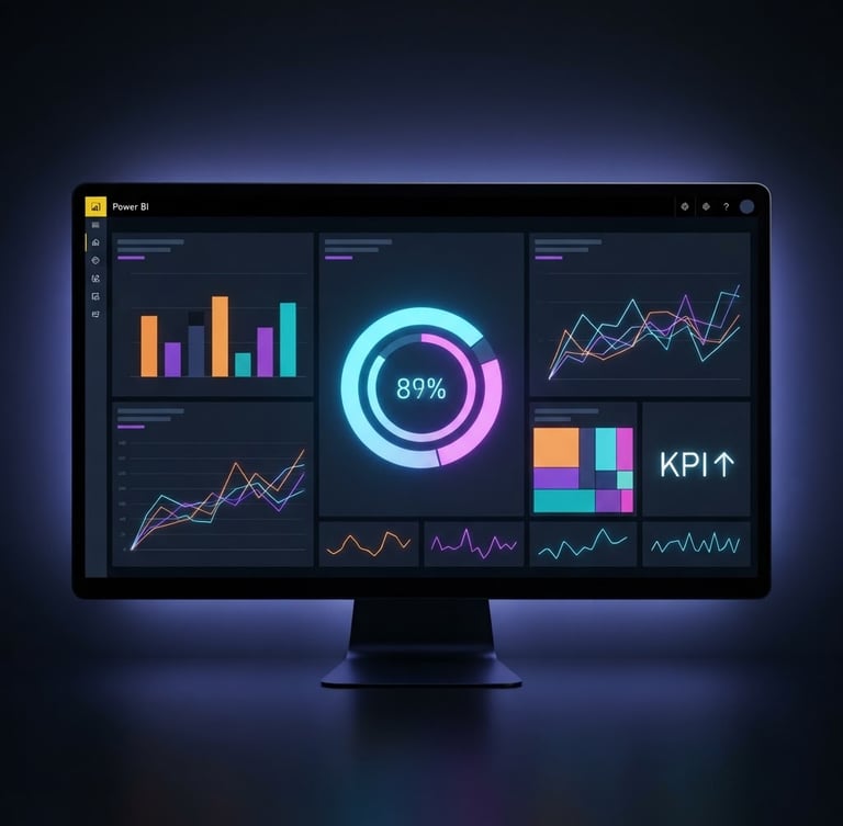 Visuel macro d'un tableau de bord Power BI moderne et épuré, affichant des graphiques clairs et des indicateurs de performance clés sur un écran de moniteur noir, avec un subtil reflet bleu-violet, lumière de studio.