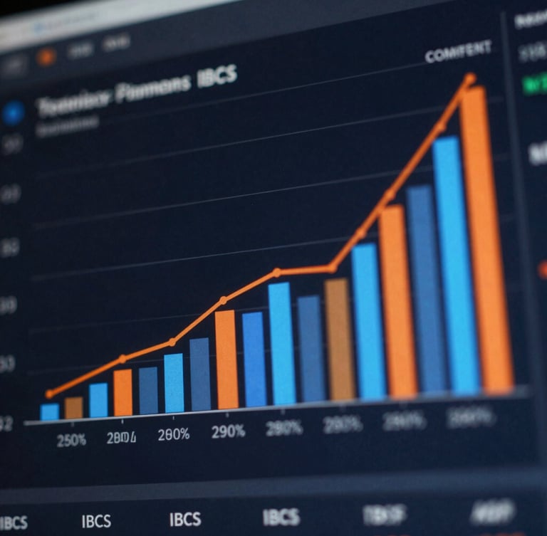 Macro shot of a high-resolution financial dashboard on a dark screen, showing clean IBCS-compliant bar charts with precise orange and blue variance indicators, dark slate background, professional tech aesthetic