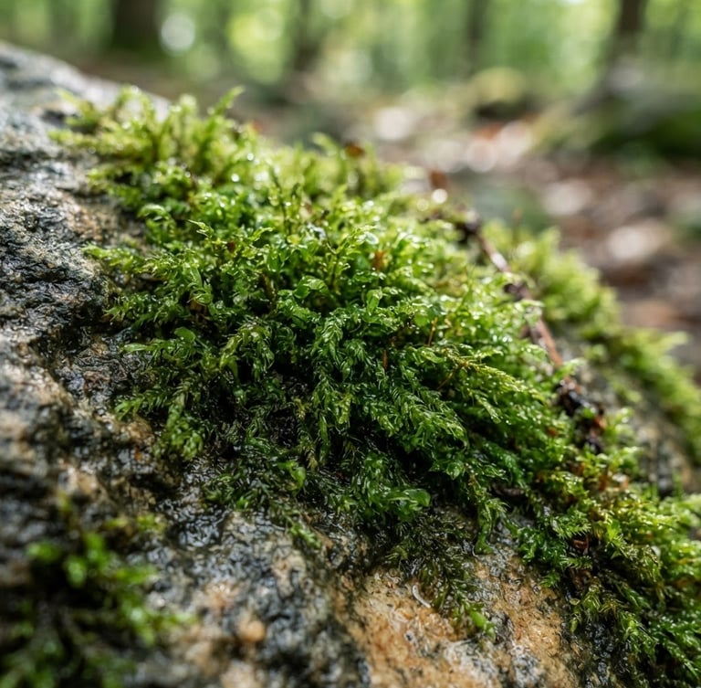 Macro close-up of vibrant green moss growing on a wet stone, soft dappled forest daylight, shallow depth of field