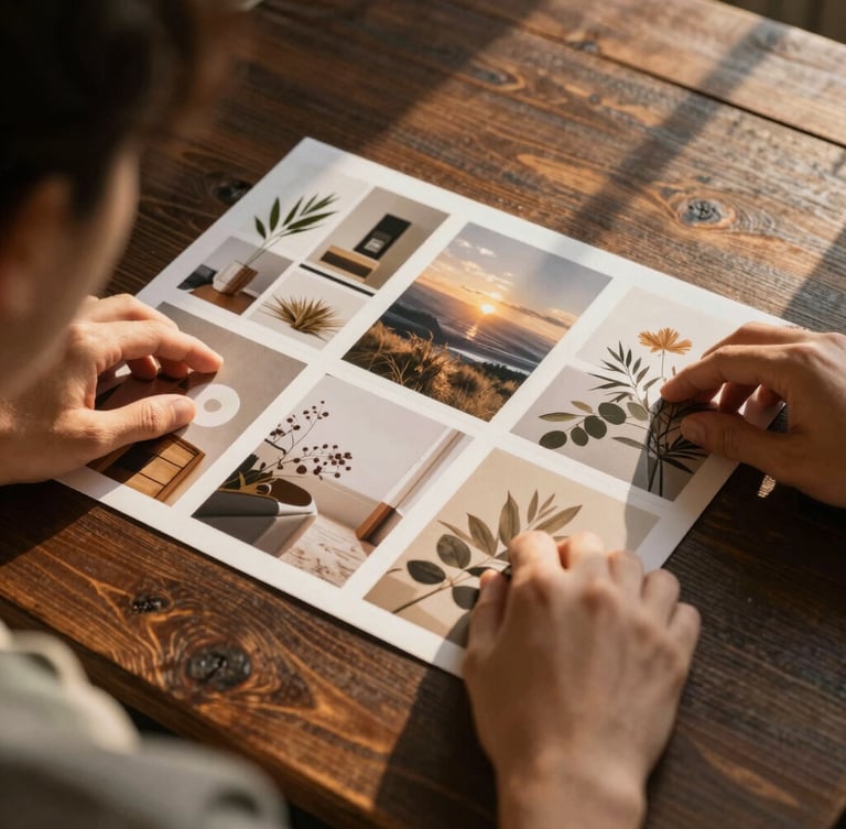 Over-the-shoulder shot of hands arranging physical mood boards on a textured dark wooden table, warm golden-hour light casting long shadows, organic textures.