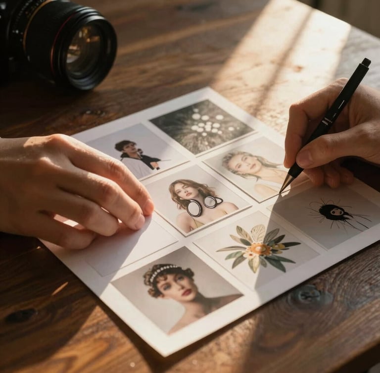 Moody close-up of hands arranging physical mood boards on dark wooden table, warm golden-hour light casting long shadows, camera lens visible in corner