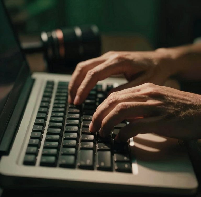 Close-up of hands typing on a vintage keyboard, warm side light, deep forest green shadows, low-key and moody atmosphere.