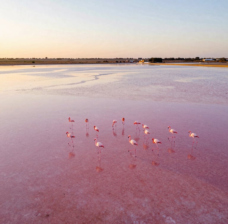 Cinematic wide-angle drone shot of pink salt flats in San Pedro del Pinatar at golden hour, a flock of flamingos wading in the shallow rose-colored water, soft warm light reflecting on the surface, editorial style.