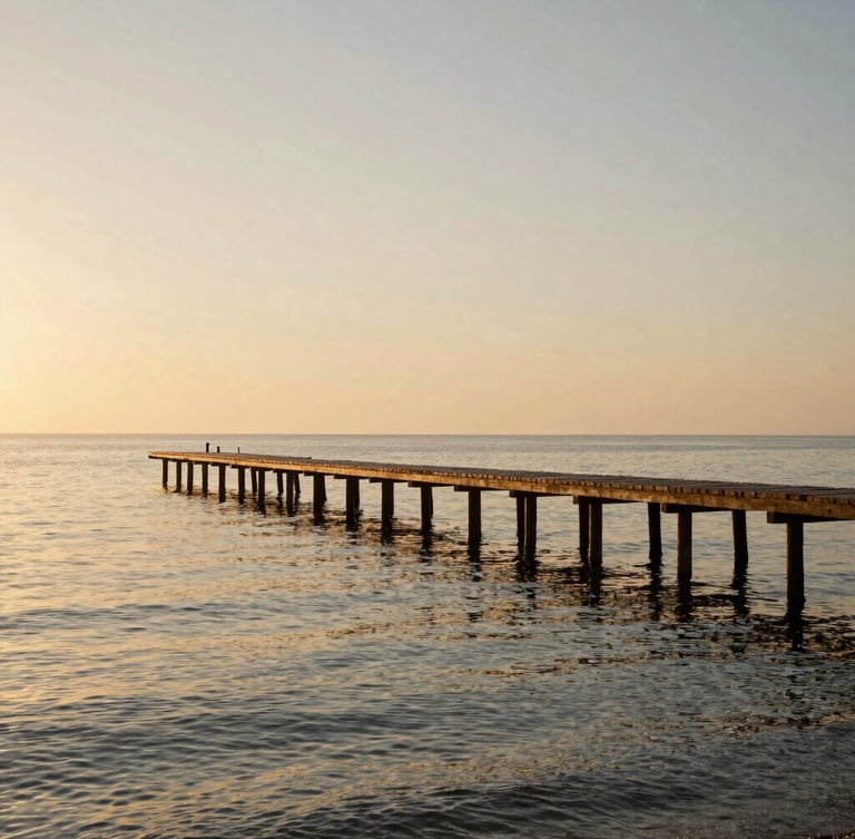 Cinematic side-angle view of a wooden pier stretching into the calm Mar Menor lagoon at sunrise, soft golden light reflecting off the water, clean horizon.
