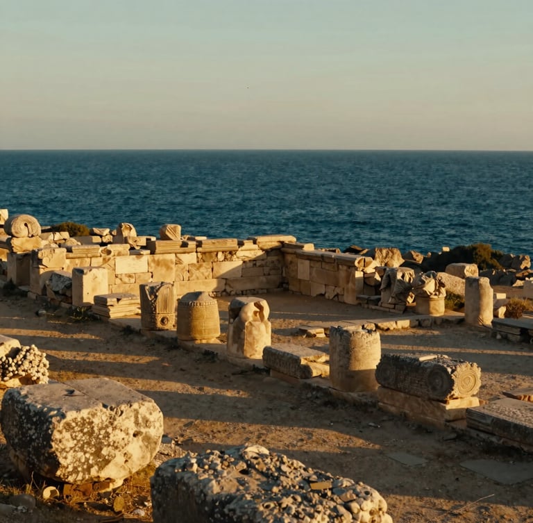 Cinematic portrait of ancient Roman stone ruins overlooking the deep blue Mediterranean sea, warm golden hour sun casting long shadows, highly detailed texture, editorial photography