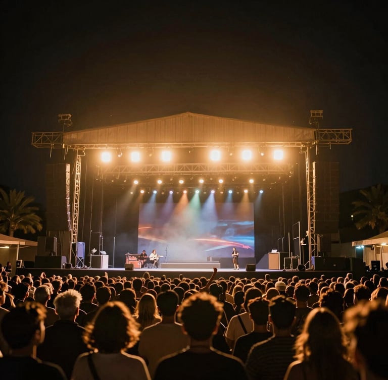 Cinematic outdoor stage at night, warm stage spotlights cutting through the dark, crowd silhouettes in the foreground, moody atmosphere.