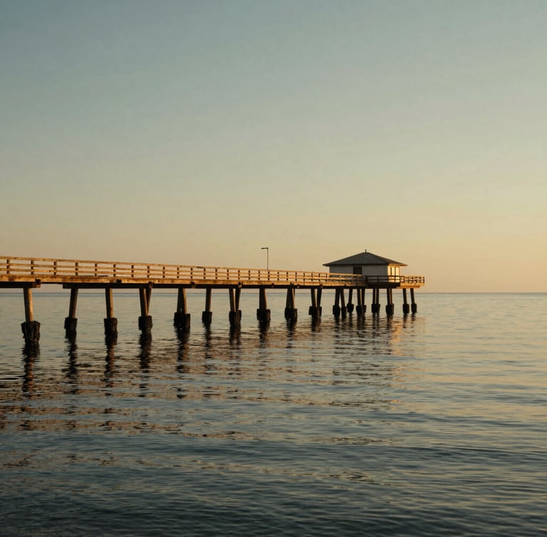 Cinematic wide-angle shot of a historic wooden pier stretching into the calm Mar Menor lagoon during golden hour, soft warm light, reflections on the still water, minimalist composition