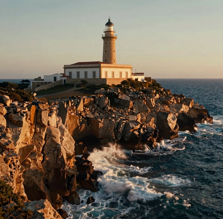 Cinematic wide-angle shot of Cabo de Palos lighthouse at golden hour, dramatic cliffs, deep blue sea crashing below, warm sunlight hitting the stone.