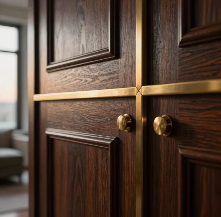 Close-up of premium dark wood paneling and brushed brass details in a luxury apartment, soft directional twilight light