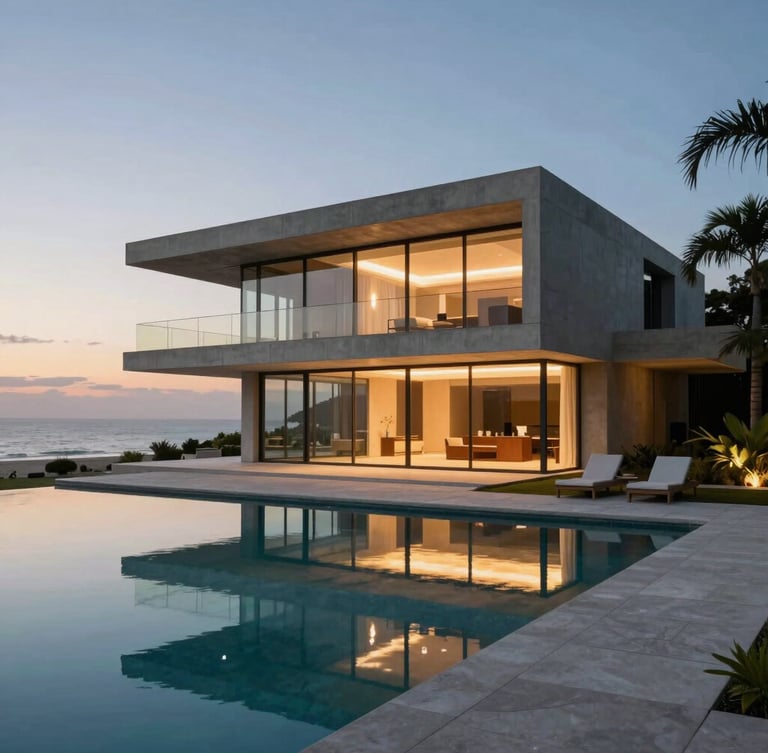 Twilight view of a modernist concrete and glass beachfront villa, warm interior lights reflecting on an infinity pool, minimalist landscaping.