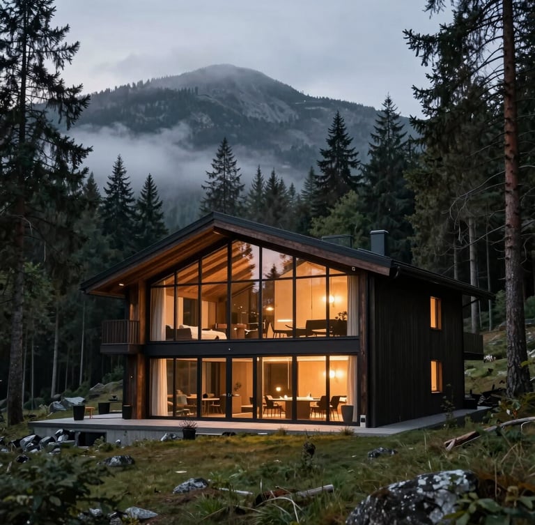 Wide angle twilight shot of a modern glass and dark wood chalet nestled in a dense pine forest, soft warm interior lights glowing, misty mountain air, architectural photography.