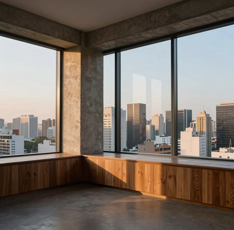 Fotografia em ângulo aberto de um estúdio de luxo minimalista no crepúsculo, grandes janelas de vidro refletindo as luzes da cidade de São Paulo, concreto aparente e painéis de madeira nobre iluminados por luz quente indireta.