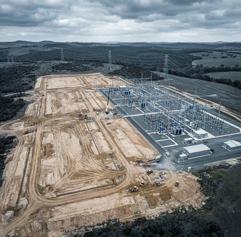 Wide-angle aerial drone photography of a graded land parcel with an adjacent high-voltage substation under high-contrast overcast daylight, cool desaturated tones, technical blue accents