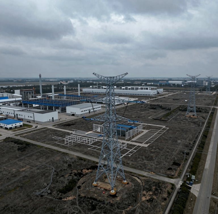 Aerial drone orthographic photograph of a graded industrial land parcel with high-voltage transmission towers, technical layout lines overlaid, overcast daylight, cool desaturated tones