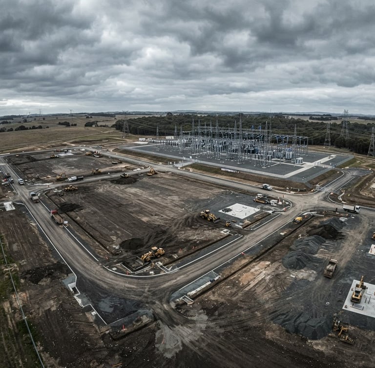 Aerial drone photography of graded land parcel with high-voltage substation in background, overcast dramatic daylight, cool desaturated tones, wide-angle lens