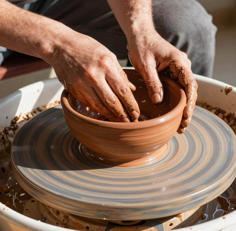 Close-up of hands coated in wet clay shaping a wide terracotta bowl on a spinning wooden pottery wheel, warm direct morning sunlight, 35mm