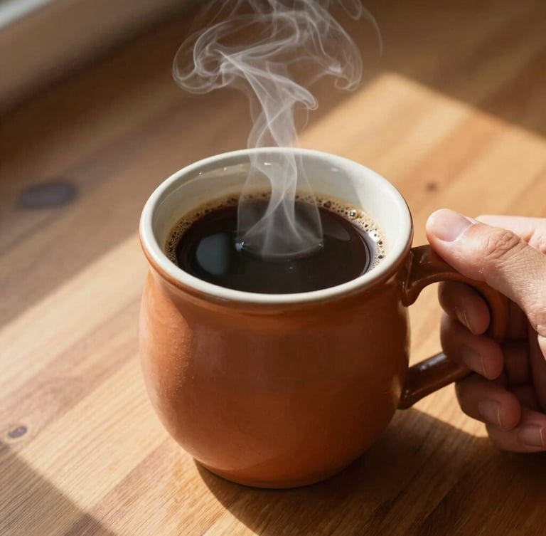 Warm editorial photography of a hand holding a heavy terracotta ceramic mug filled with steaming black coffee, bright morning sunlight casting soft shadows on a wooden table, 35mm.