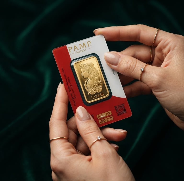 Premium product photography of certified physical gold bar with assay certificate, held gently by elegant hands, soft directional studio lighting, deep emerald background, macro lens
