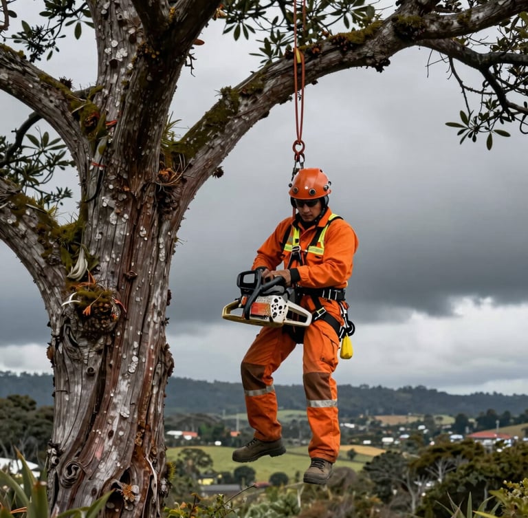 Arborista profesional con arnés de seguridad naranja de alta visibilidad suspendido en un Coihue gigante bajo un cielo tormentoso de Chiloé, sosteniendo una motosierra profesional, plano medio dramático, luz natural difusa.
